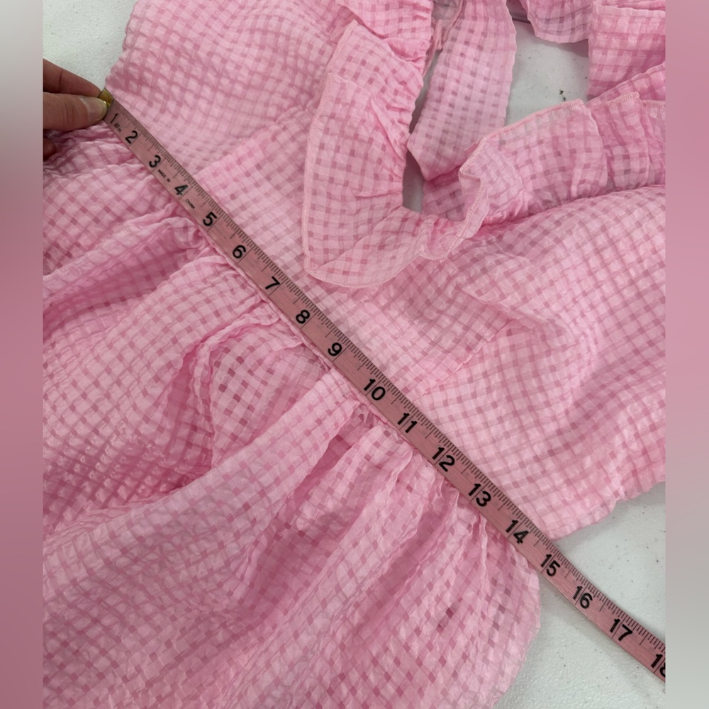 Mable Pink Gingham Puff Sleeve Ruffle Tie Back Mini Dress Coquette Romantic S - Picture 7 of 13